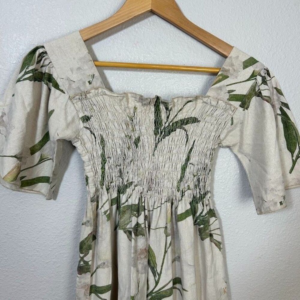 Lisa Says Gah Toni Smocked Midi Dress Womens M Floral Linen Cotton Square Neck - Picture 5 of 11